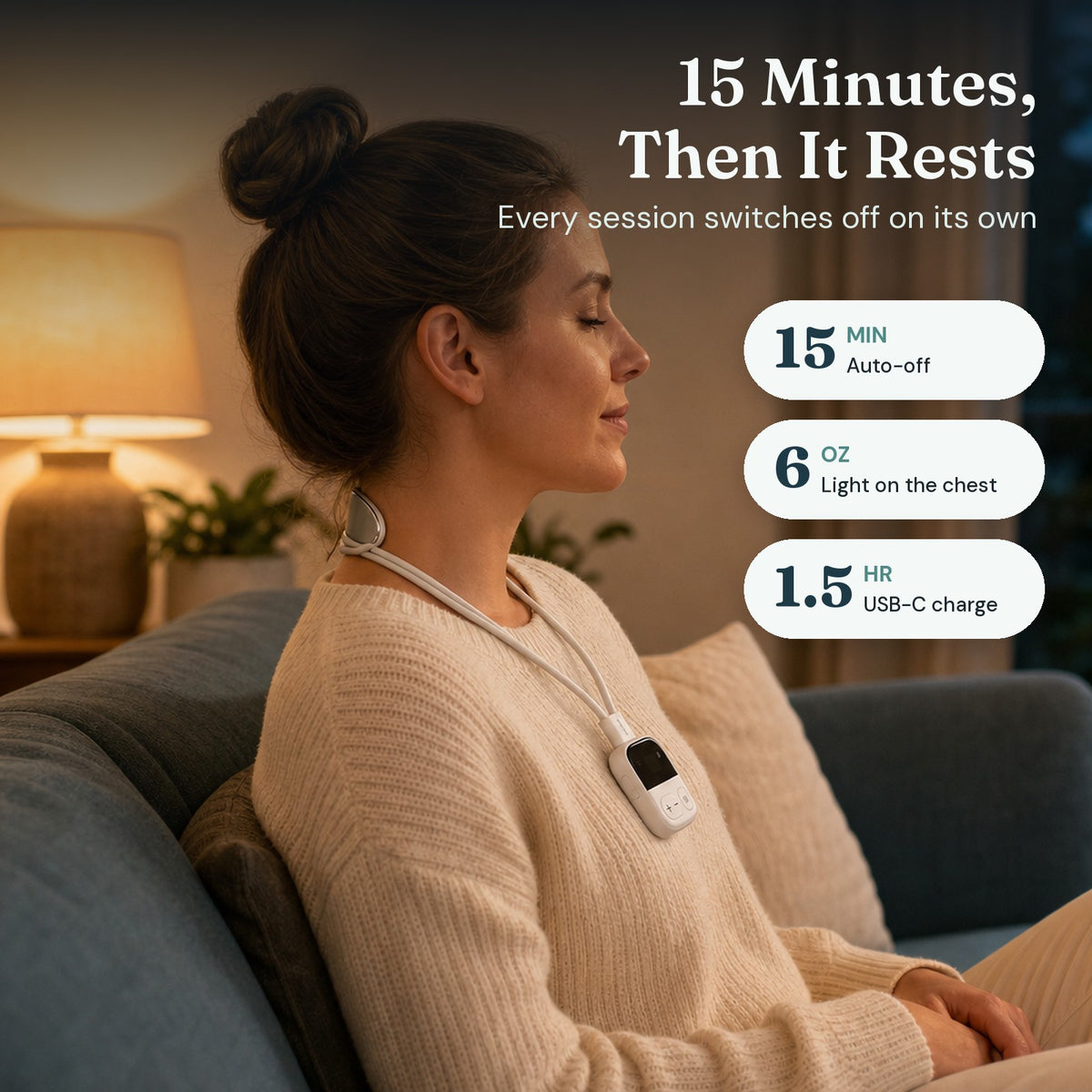 Woman relaxing with Restwave on her neck: 15-minute auto-off, 6 oz, USB-C charge